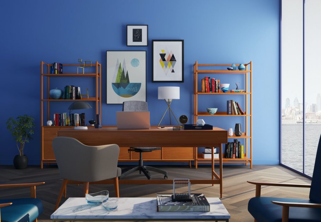 A small room with blue walls